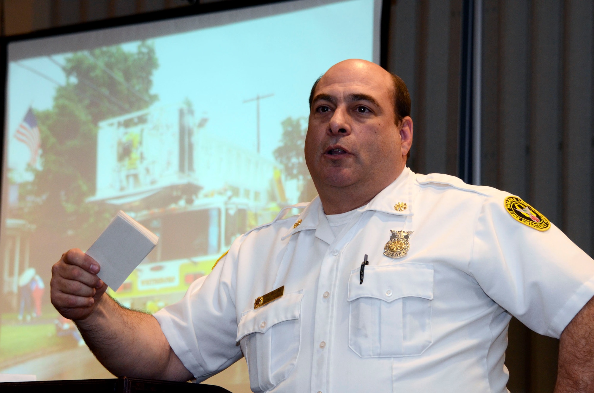 Eric L. McDaniel, Dobbins Fire Emergency Services deputy chief, reflects on his 33 year career during a retirement ceremony at the Dobbins Consolidated Club Jan. 17. (U.S. Air Force photo/Don Peek)