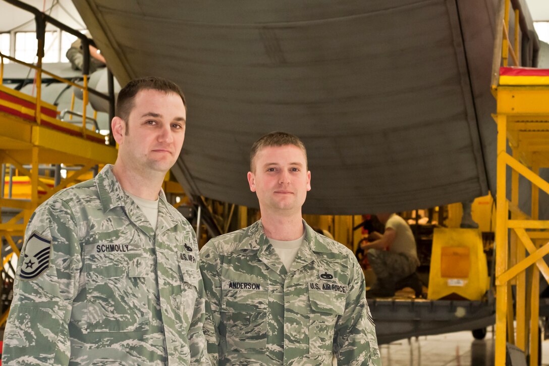 YOUNGSTOWN AIR RESERVE STATION, Ohio – Air Force Reserve Master Sgt. John Schmolly, heavy maintenance flight chief with the 910th Maintenance Flight (MOF) and Air Force Reserve Master Sgt. Nathan Anderson, assistant heavy maintenance flight chief assigned to the 910th MOF, pause for a photo before going back to oversee Airmen from the 910th Maintenance Group complete an Isochronal Inspection here, during the February Unit Training Assembly. Aircraft are inspected on a regular basis as a preventative measure to keep them in flying status. U.S. Air Force photo by Staff Sgt. Brenda Haines.