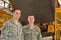YOUNGSTOWN AIR RESERVE STATION, Ohio – Air Force Reserve Master Sgt. John Schmolly, heavy maintenance flight chief with the 910th Maintenance Flight (MOF) and Air Force Reserve Master Sgt. Nathan Anderson, assistant heavy maintenance flight chief assigned to the 910th MOF, pause for a photo before going back to oversee Airmen from the 910th Maintenance Group complete an Isochronal Inspection here, during the February Unit Training Assembly. Aircraft are inspected on a regular basis as a preventative measure to keep them in flying status. U.S. Air Force photo by Staff Sgt. Brenda Haines.