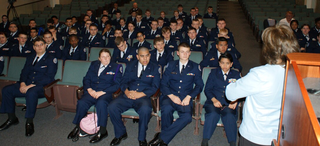 Cadets from the Wylie East High School Junior Reserve Officer Training Corps (JROTC ) get welcomed to the base during their tour of Sheppard AFB Feb. 8, 2012. After a video presentation about the base and a welcome from a panel of active-duty Airmen, the 90 cadets and two tour buses visited both operational units and technical training destinations. (U.S. Air Force photo/Dan Hawkins)