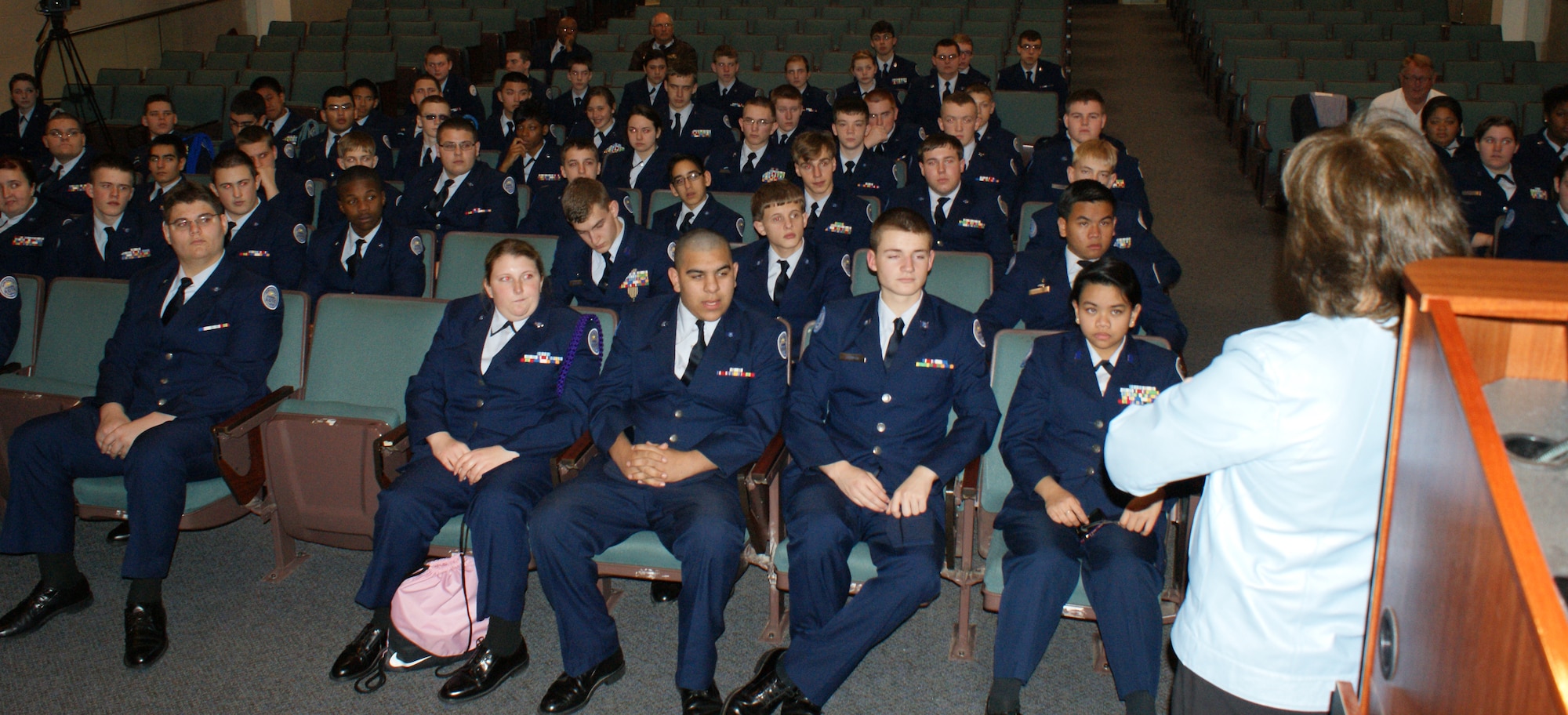 Cadets from the Wylie East High School Junior Reserve Officer Training Corps (JROTC ) get welcomed to the base during their tour of Sheppard AFB Feb. 8, 2012. After a video presentation about the base and a welcome from a panel of active-duty Airmen, the 90 cadets and two tour buses visited both operational units and technical training destinations. (U.S. Air Force photo/Dan Hawkins)