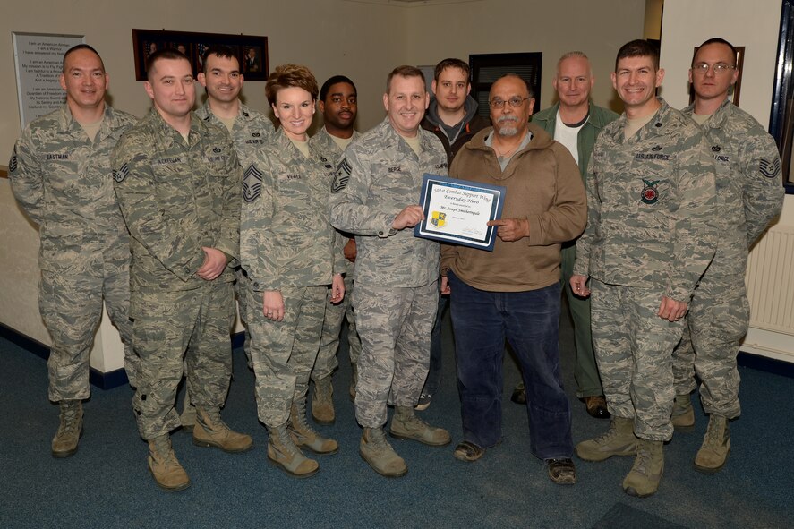 RAF ALCONBURY, United Kingdom - Joe Smithering, 423rd Civil Engineer Squadron, was named the January 501st Everyday Hero from the 423rd Air Base Group. Smithering is the fuels manager for the 423rd ABG, as part of his duties he is responsible for issuing and receiving fuel for three RAF bases. (U.S. Air Force photo by Tech. Sgt. John Barton)