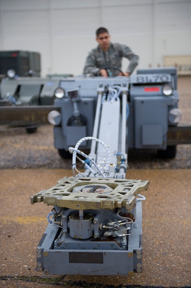 Airman 1st Class Ricardo Perez, 2nd Maintenance Squadron Aerospace Ground Equipment Flight, operates a MHU 83D/E lift truck on Barksdale Air Force Base, La. Feb. 7. The MHU 83D/E is used to lift and attach munitions, weapons and other equipment up to 7,000 pounds onto aircraft. (U.S. Air Force photo/Airman 1st Class Benjamin Gonsier)(RELEASED)