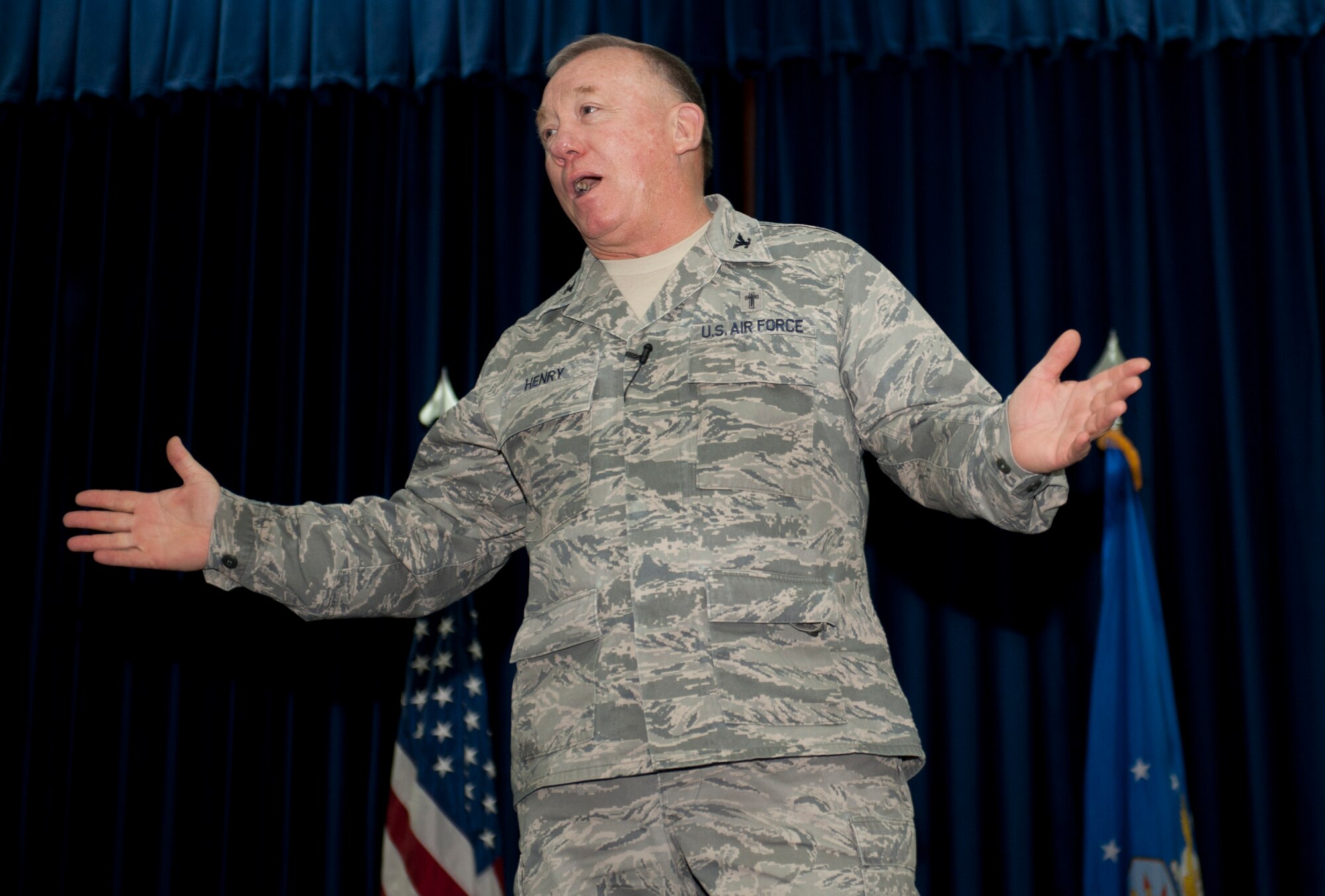 Chaplain (Col.) Scott Henry, U.S. Air Forces in Europe command chaplain, speaks during the 2012 National Prayer Breakfast Feb. 8, 2012, at Incirlik Air Base, Turkey. The annual event is held in conjunction with the National Prayer Breakfast in Washington, D.C. Henry attended to share words of wisdom as well as to encourage Airmen to be resilient to things that test their faith and to take care of each other. (U.S. Air Force photo by Senior Airman Anthony Sanchelli/Released)
