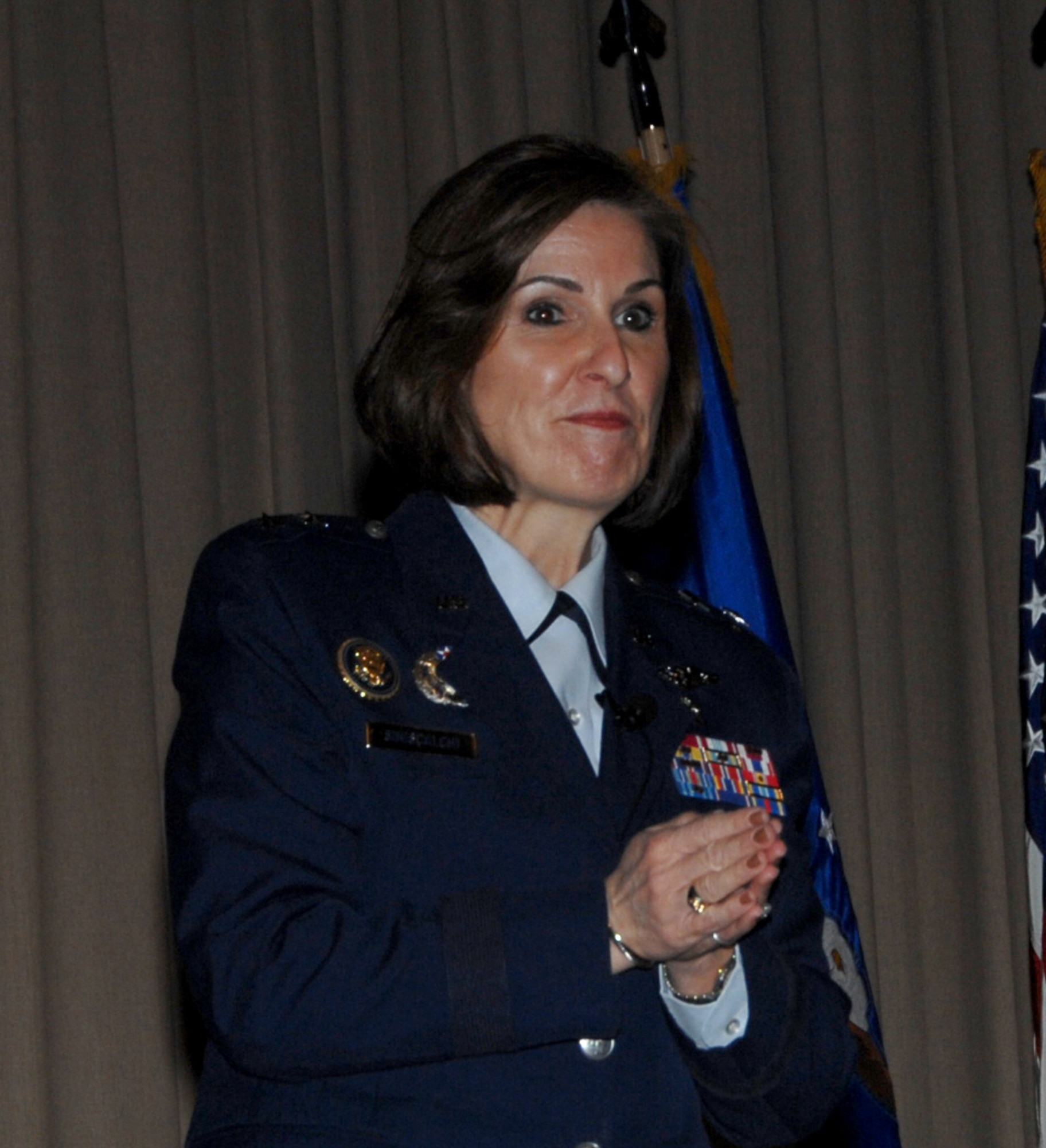 Maj. Gen. Kimberly Siniscalchi gives opening comments during the 59th Medical Wing second annual Nursing Research Day Jan. 27, 2012, at Wilford Hall Ambulatory Surgical Center, Lackland Air Force Base, Texas. The event’s theme was “Creating a Culture of Inquiry” and included nursing briefings and poster presentations. Siniscalchi is assistant Air Force Surgeon General, Medical Force Development, and assistant Air Force Surgeon General, Nursing Services.  (U.S. Air Force photo by Harold China)