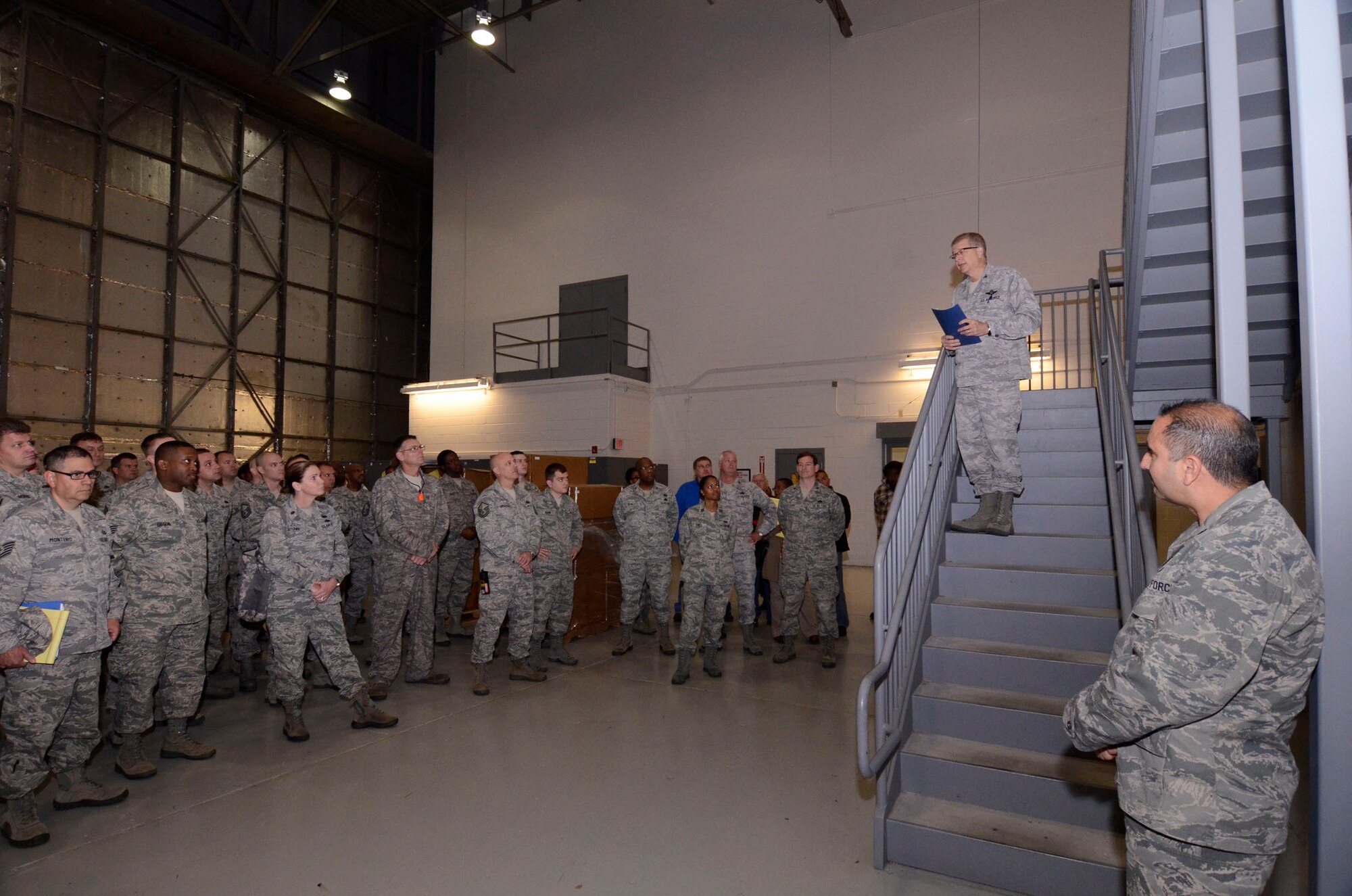 Col. Tim Tarchick, 94th Airlift Wing commander, gives results of the recently completed Air Force Reserve Command Logistics Compliance Assessment Program (LCAP) inspection to wing members Feb. 7. “I am ecstatic with this result and couldn't be more proud of all those in the 94th Maintenance Group, Logistics Readiness Squadron and 80th Aerial Port Squadron,” said Tarchick. “[They] went through a brutally thorough 6-day heavy weight boxing match.” (U.S. Air Force photo/Don Peek)
