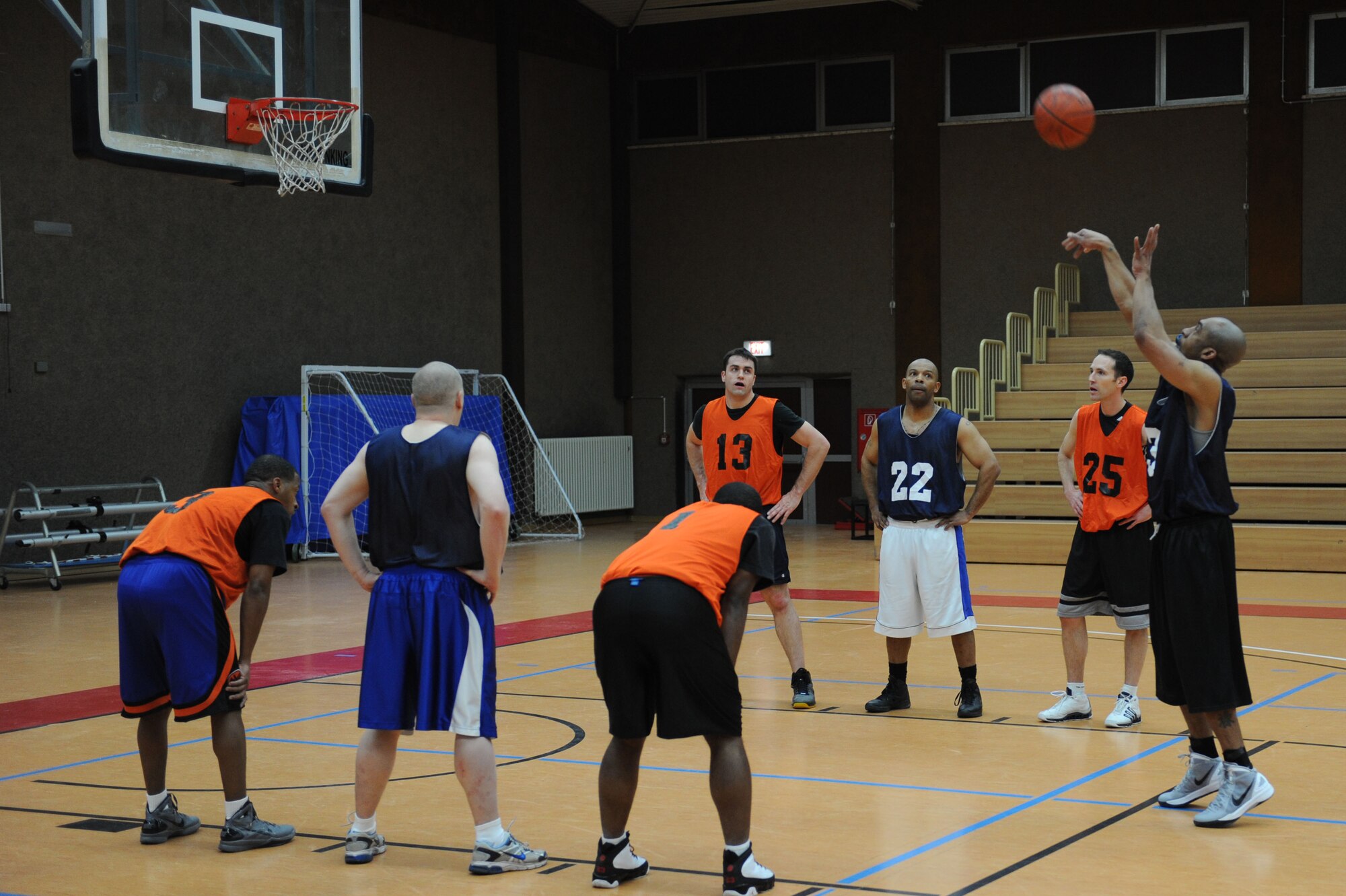 SPANGDAHLEM AIR BASE, Germany –Tommie Albright, 726th Air Mobility Squadron, shoots a free throw during an over-30 basketball league playoff game at the Skelton Memorial Fitness Center here Feb. 7. The 726th AMS team rose to victory against the 52nd MDG with a final score of 37-27. The league championship game will take place Feb. 13 at the fitness center. (U.S. Air Force photo by Senior Airman Christopher Toon/Released)