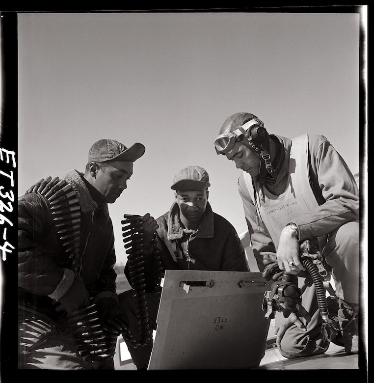 Tuskegee airmen Roscoe C. Brown, Marcellus G. Smith, and Benjamin O. Davis, Ramitelli, Italy, March 1945. Photo by Toni Frissell, Library of Congress.