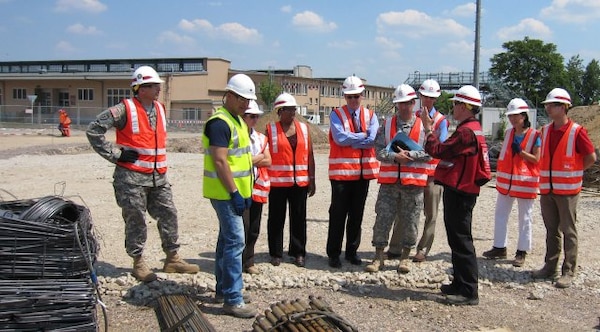 WIESBADEN, Germany — George VanCook, a U.S. Army Corps of Engineers Europe District civil engineer, gives VIPs a tour of the new 285,000-sq.-foot, environmentally sustainable mission command center, being built on U.S. Army Garrison Wiesbaden by USACE.
