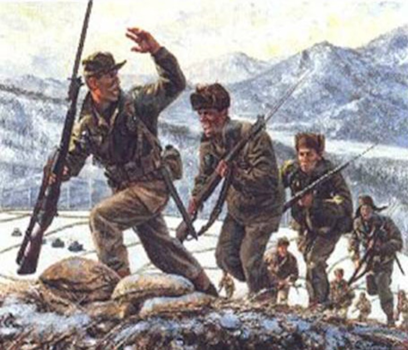 Illustration depicts then Army Capt. Lewis Millett leading the soldiers of the 27th Infantry Regiment up Hill 180 Feb. 7, 1951.