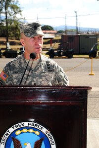 SOTO CANO AB, Honduras - Army Command Sgt. Maj. Andrew Barteky, accepted responsibilities as Joint Task Force-Bravo's new Command Sergeant Major during a change of responsibility ceremony Feb. 10 in the Honduran Air Force Hangar 1. JTF-Bravo is comprised of more than 600 U.S. military personnel and more than 650 U.S. and Honduran civilians who work in six different areas including the Joint Staff, 612th Air Base Squadron, Army Forces, Joint Security Forces, Medical Element, and the 1st Battalion, 228th Aviation Regiment. (Photo/Martin Chahin)