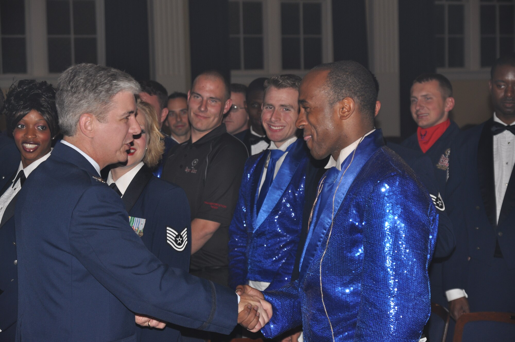 Col. Barre Seguin, 14th Flying Training Wing commander, thanks members of the 2010 Tops in Blue cast after their performance during their visit to the area last year.  This year Tops in Blue will be performing their free show on Saturday, Feb. 18 on the campus of the Mississippi University for Women. (U.S. Air Force photo/Airman 1st Class Chase Hedrick)