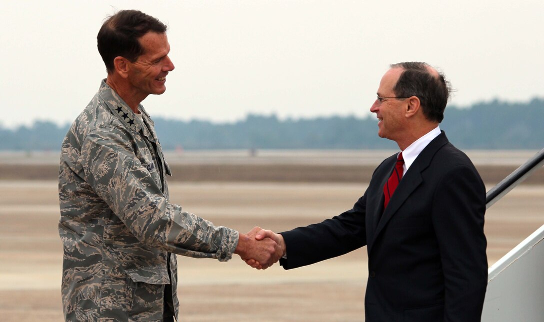 Lt. Gen. Sid Clarke, Continental U.S. North American Aerospace Defense Command Region-1st Air Force (Air Forces Northern) commander, greets Assistant Secretary of Defense for Homeland Defense and Americas’ Security Affairs Paul N. Stockton upon his arrival at Tyndall Air Force Base, Fla., Feb. 10. Stockton came to Tyndall for a familiarization tour of CONR-1st AF (AFNORTH). (U.S. Air Force photo by Angela Pope) 