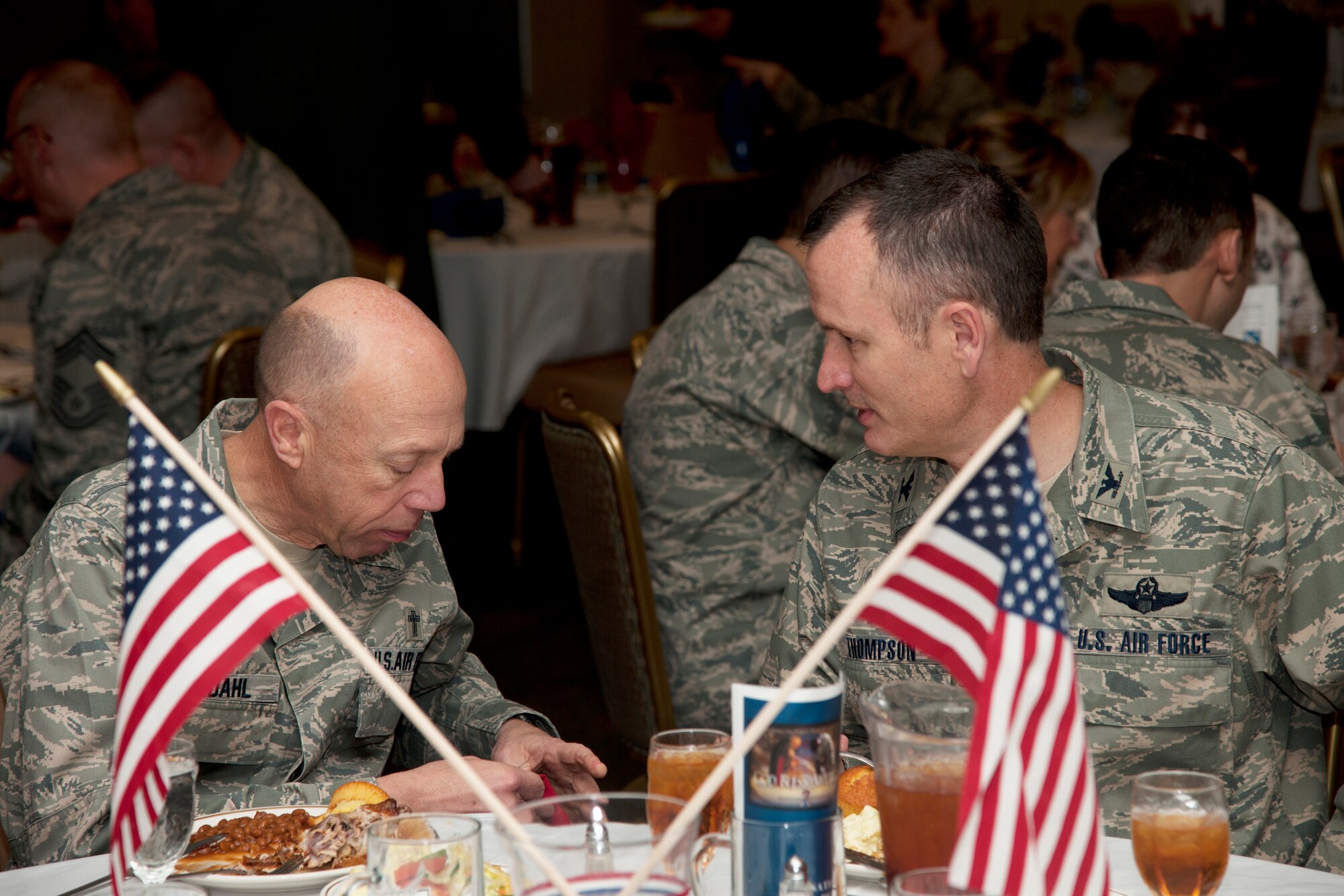 U.S. Air Force Chaplain (Brig. Gen.) Howard Stendahl, Air Force deputy chief of chaplains speaks with Col. Billy Thompson, 23d Wing commander during the National Prayer Luncheon at Moody Air Force Base, Ga., Feb. 9, 2012. Before he became the deputy chief of chaplains in March 2011, Stendahl served as the command chaplain of Air Combat Command. (U.S. Air Force photo by Airman 1st Class Paul Francis/Released)
