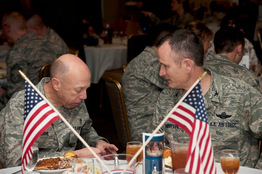 U.S. Air Force Chaplain (Brig. Gen.) Howard Stendahl, Air Force deputy chief of chaplains speaks with Col. Billy Thompson, 23d Wing commander during the National Prayer Luncheon at Moody Air Force Base, Ga., Feb. 9, 2012. Before he became the deputy chief of chaplains in March 2011, Stendahl served as the command chaplain of Air Combat Command. (U.S. Air Force photo by Airman 1st Class Paul Francis/Released)
