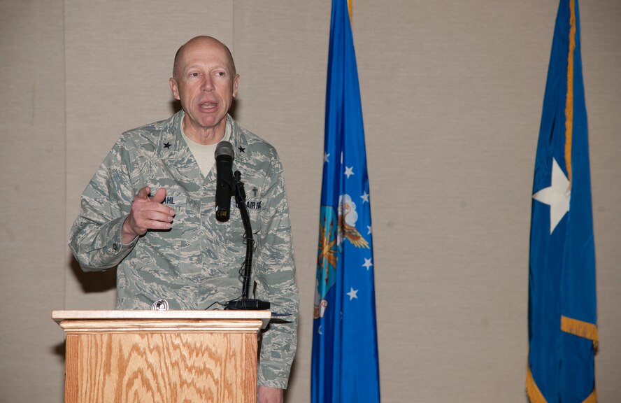 U.S. Air Force Chaplain (Brig. Gen.) Howard Stendahl, Air Force deputy chief of chaplains gives a speech during the National Prayer Luncheon at Moody Air Force Base, Ga., Feb. 9, 2011. Stendhal stated that since World War II, Americans who serve in the military has gone from 9 percent to less than one percent. He also expressed his pride in Air Combat Command as he once served as ACC command chaplain. (U.S. Air Force photo by Airman 1st Class Paul Francis/Released)
