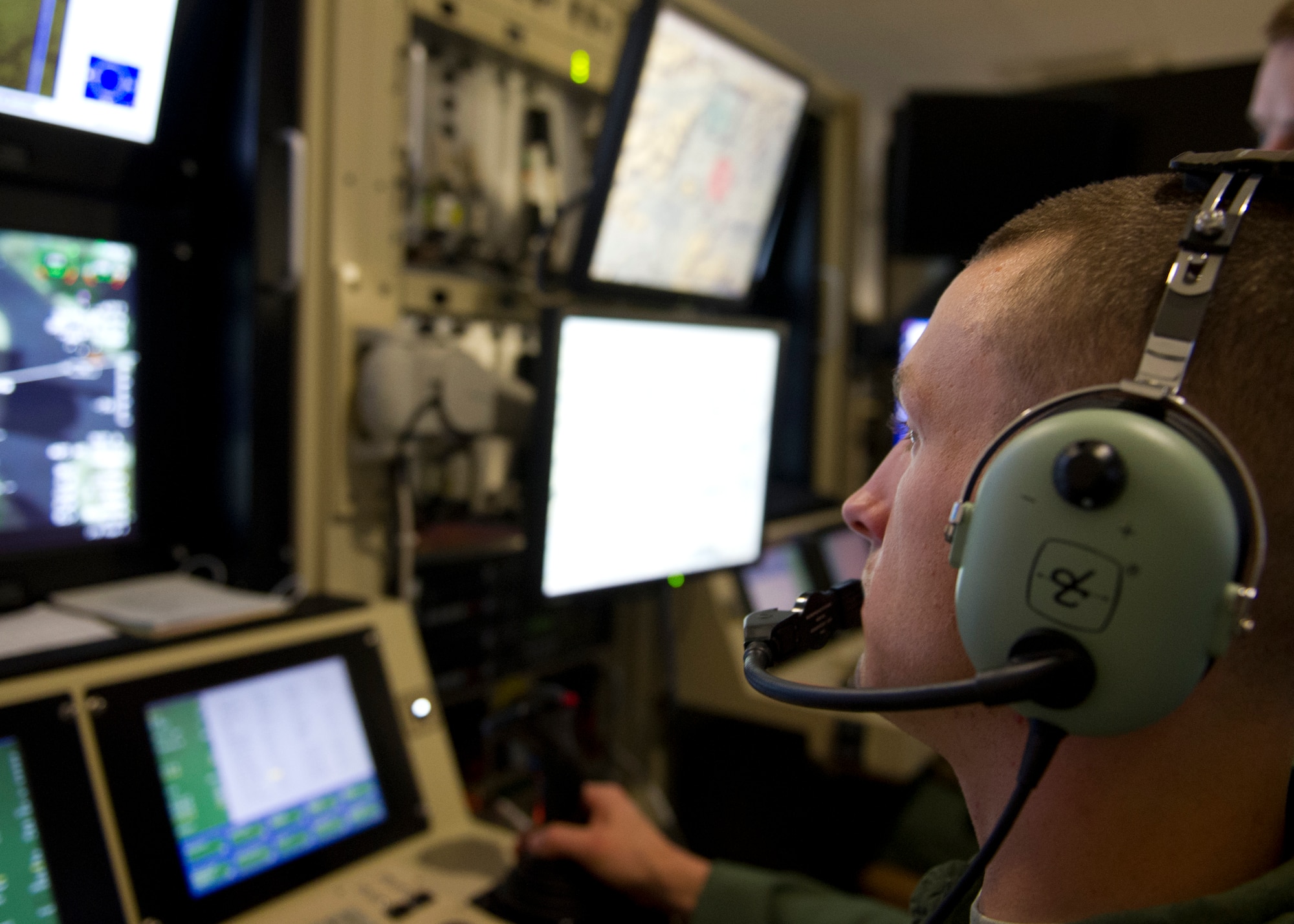 HOLLOMAN AIR FORCE BASE, N.M.—U.S. Air Force 2nd Lt. Zachary, an 18X student with the 6th Reconnaissance Squadron, trains in the 16th Training Squadron simulators Feb. 8 flying a training mission for the MQ-1 Predator. Zachary is one of the newest generation of Remotely Piloted Aircraft pilots in the 18X career field, which allows officers to become RPA pilots without first attending traditional undergraduate pilot training. According to current Air Force guidance, the last names of RPA pilots and sensor operators are not releasable due to operational security constraints. (U.S. Air Force photo by 2nd Lt. Logan Clark/Released)  
