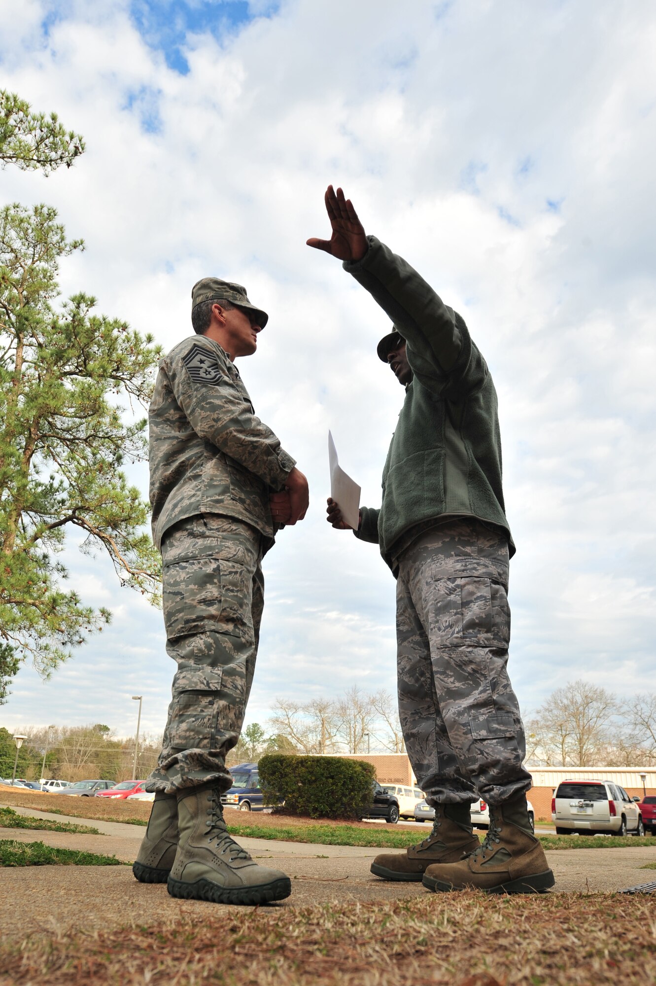 U.S. Air Force Chief Master Sgt. Robert Forrest, 20th Medical Group superintendent talks to Chief Master Sgt. Richard Parsons, Air Combat Command command chief, on some of the new details and ideas planned for the medical group, Shaw Air Force Base, S.C. Feb. 8, 2012. He is the enlisted advisor to the commander and staff for the enlisted force stationed at 27 wings, 17 bases and more than 200 operating locations around the world. (U.S. Air Force photo by Airman 1st Class Ashley L. Gardner/ Released)


