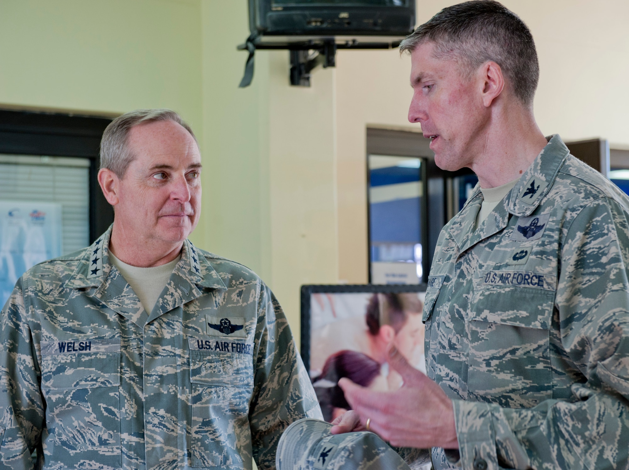 Gen. Mark A. Welsh III, U.S. Air Forces in Europe commander, left, discusses renovations to the Incirlik fitness center with Col. Chris Craige, 39th Air Base Wing commander, during a visit Feb. 10, 2012, at Incirlik Air Base, Turkey. Welsh visited Incirlik to meet with Airmen and discuss the missions they perform. (U.S. Air Force photo by Senior Airman Anthony Sanchelli/Released)