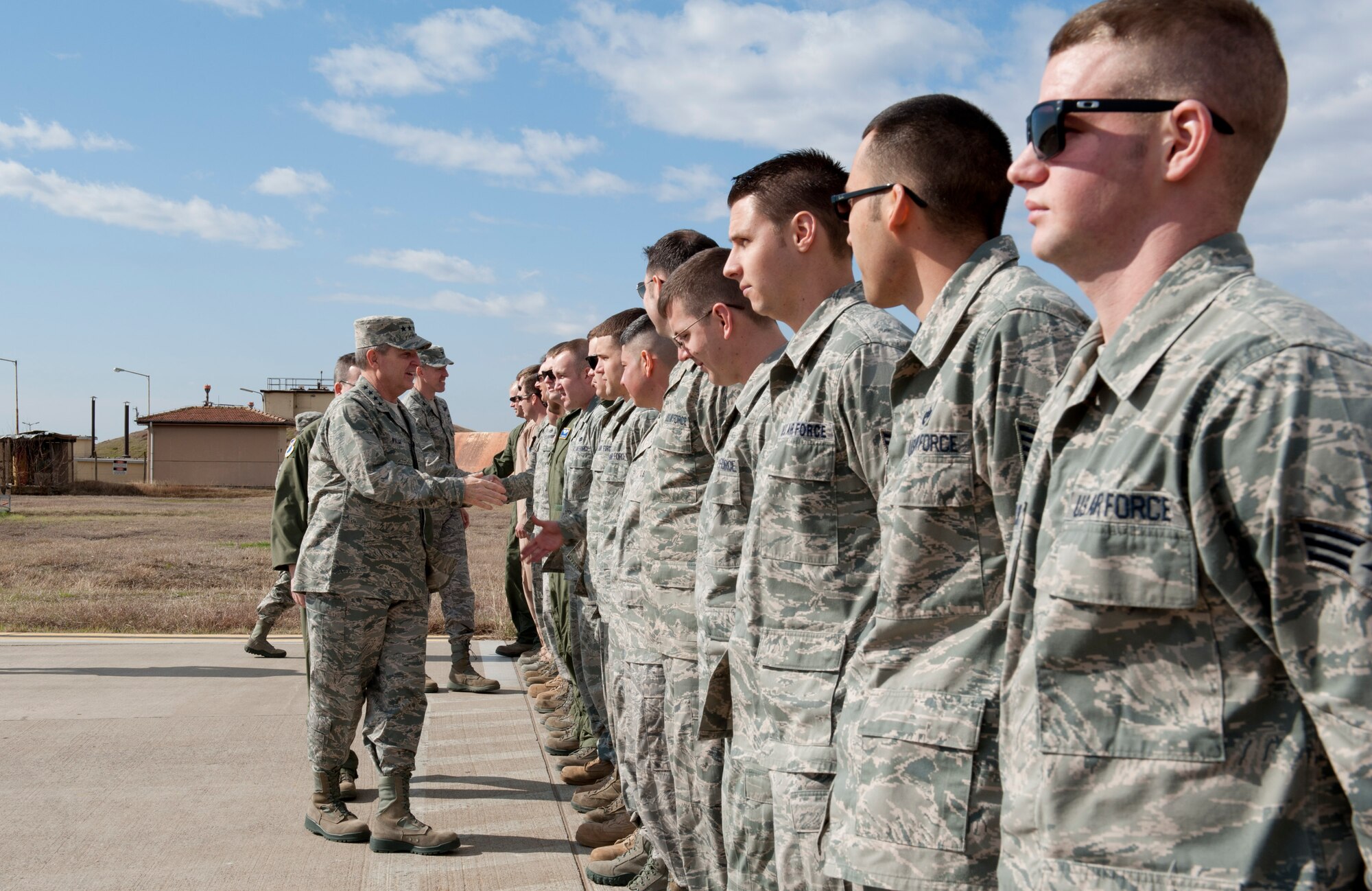 Gen. Mark A. Welsh III, U.S. Air Forces in Europe commander, left, greets Airmen of the 414th Expeditionary Reconnaissance Squadron during a visit Feb. 10, 2012, at Incirlik Air Base, Turkey. Welsh visited Incirlik to meet with Airmen and discuss the missions they perform. (U.S. Air Force photo by Senior Airman Anthony Sanchelli/Released)