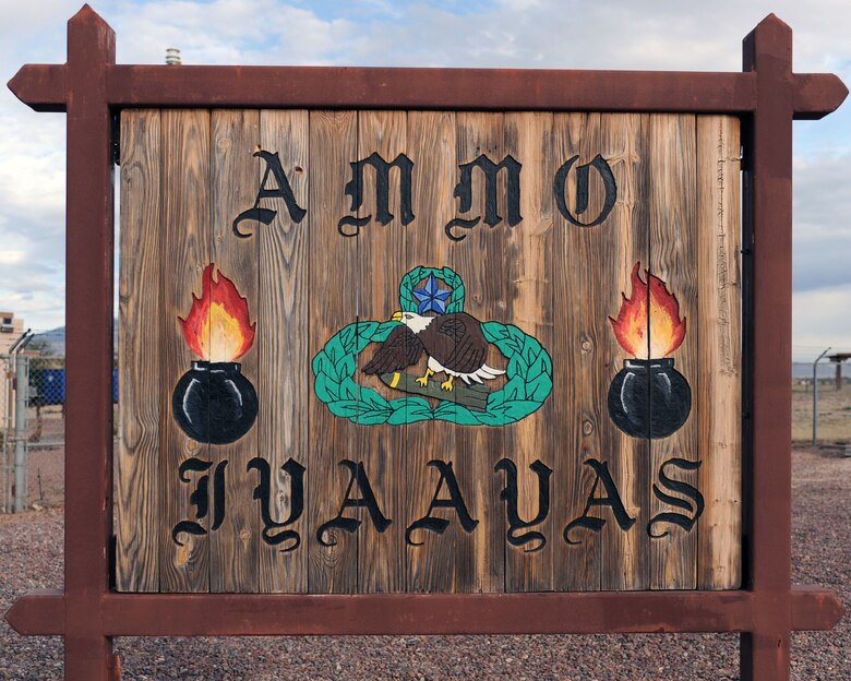A sign stands displayed in front of the Munitions (AMMO) yard at Davis-Monthan Air Force Base, Ariz., Feb. 7, 2012. (U.S. Air Force photo by Airman 1st Class Christine Griffiths/Released)