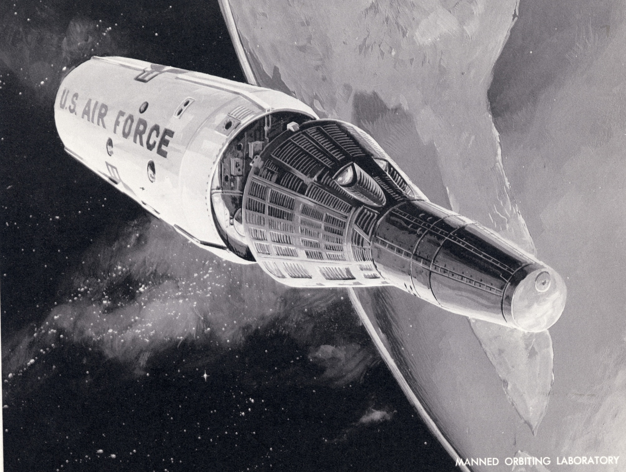 Manned Orbiting Laboratory (MOL), an evolution of the earlier "Blue Gemini" program, which was conceived to be an all-Air Force parallel of NASA's Gemini efforts. (U.S. Air Force photo)