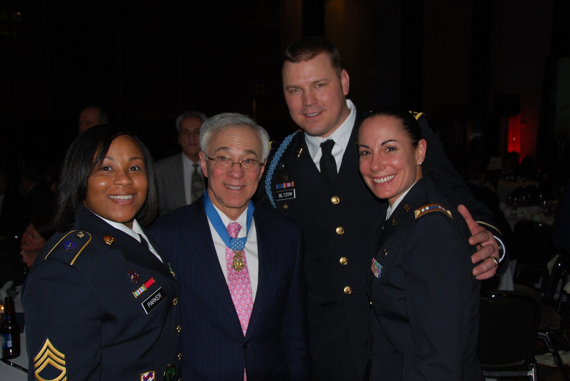 Army Sgt. 1st Class Zandra Parker, 174th Infantry Brigade; retired Col. Jack Jacobs, Medal of Honor recipient; Army Maj. Jeff Giltzow and Army Capt. Antonia Greene at the 2012 World Affairs Council Atlas Awards in Philadelphia, Feb. 6. This year’s Atlas Award was presented to the troops and veterans of Iraq and Afghanistan. (U.S. Army photo by Maj. Ronald Ford/Released)