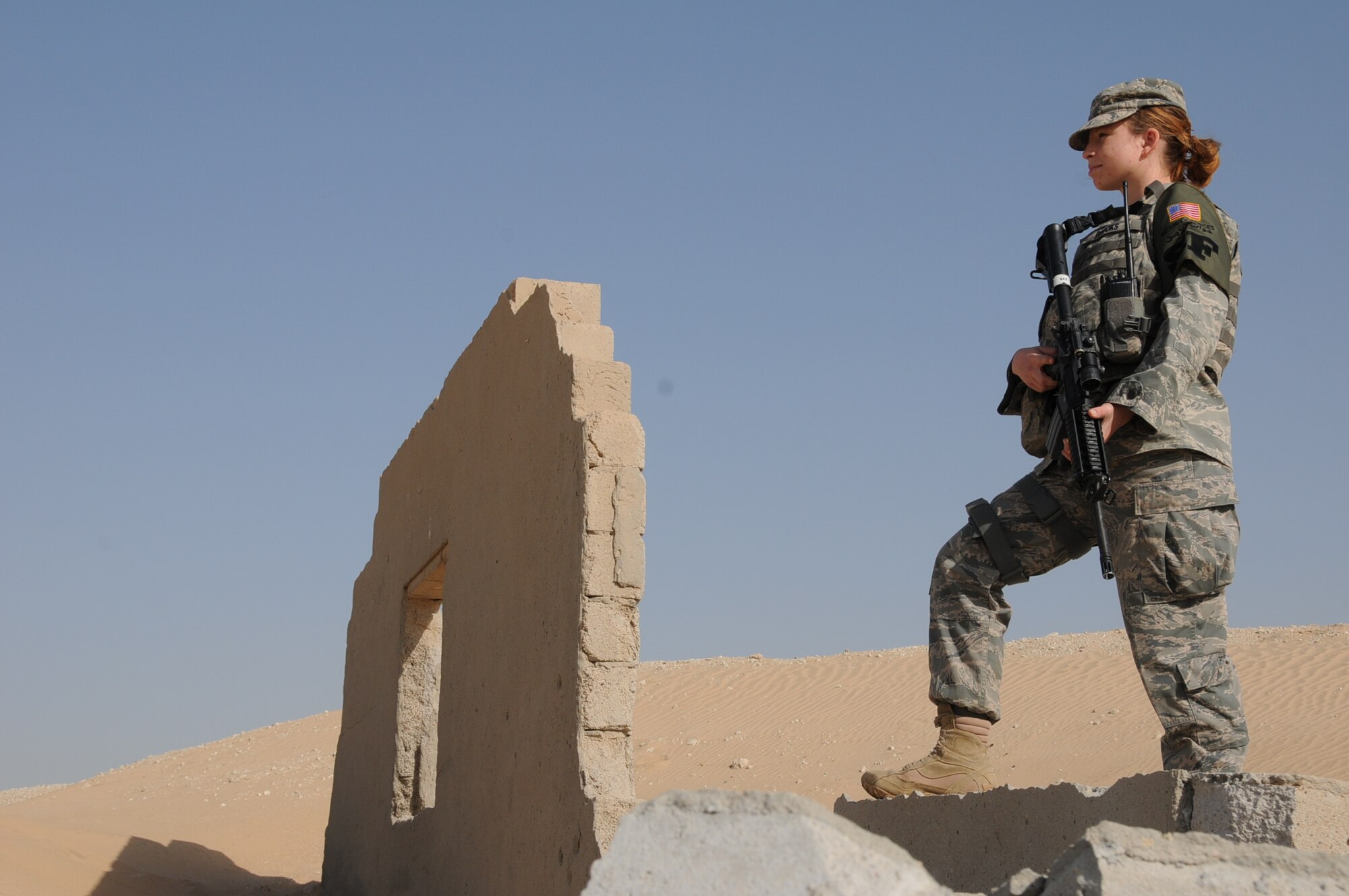 Senior Airman Cari Brooks, 386th Expeditionary Security Forces Squadron, is the Rock Solid Warrior for Feb. 10, 2012. Se is an Off-Base Reconnaissance Patrol Leader deployed from the 375th Security Forces Squadron, Scott Air Force Base, Ill. (U.S. Air Force photo/Staff Sgt. James Lieth) 
