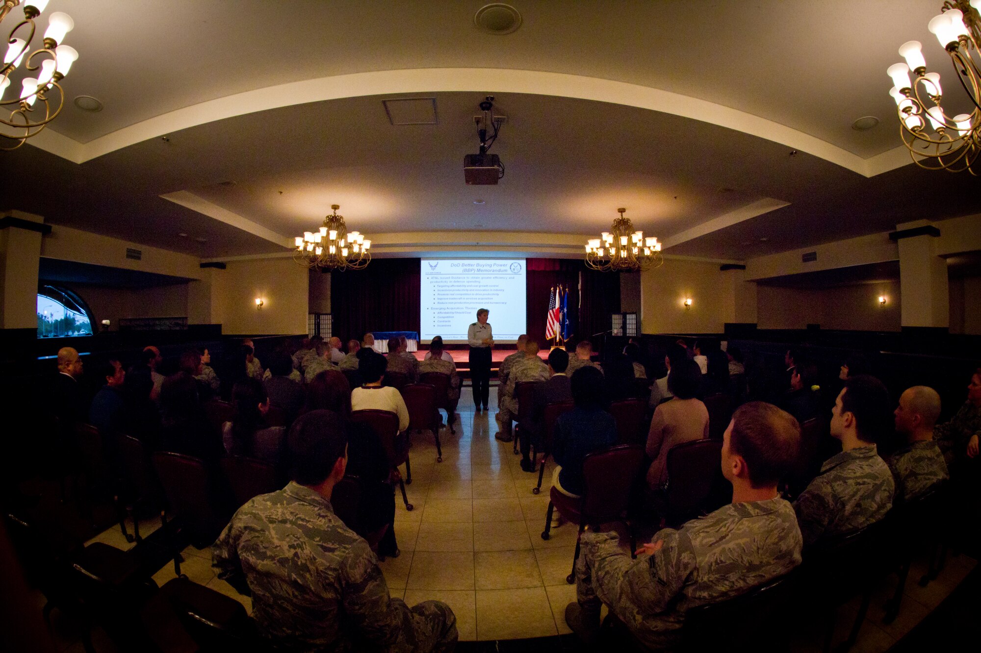 U.S. Air Force Maj. Gen. Wendy Masiello, deputy assistant secretary for contracting, Office of the Assistant Secretary of the Air Force for Acquisition, Washington, D.C., speaks with members of the 18th Contracting Squadron on Kadena Air Base, Japan, Feb. 3, 2012. The 18th CONS recently celebrated their 20th anniversary on Okinawa. (U.S. Air Force photo by Senior Airman George Halley/Released)
