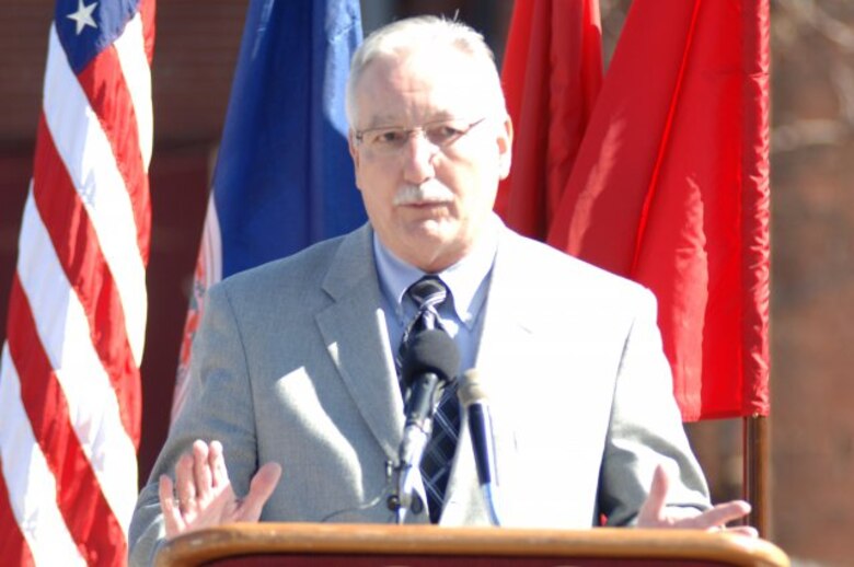 Mayor Edward K. Harlow of Bristol, Va., talks about the history of flooding in the area during the Beaver Creek Flood Reduction Project Groundbreaking Ceremony at 719 Shelby Street in Bristol, Tenn., Feb. 7, 2012.