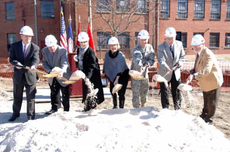 (Left to Right) Bristol, Tenn., City Manager Jeff Broughton; John Gillenwater, project organizer; Jery Goodpasture, project organizer; Anne Gillenwater, project organizer; Lt. Col. James A. DeLapp, U.S. Army Corps of Engineers Nashville District commander; Bristol, Va., Mayor Edward K. Harlow; and Bristol, Tenn., Mayor David Shumaker officiall break ground on the Beaver Creek Flood Risk Reduction Project Feb. 7, 2012 on the project site Feb. 7, 2012.