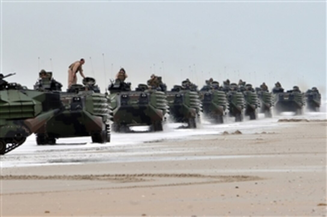 U.S. Marine Corps amphibious assault vehicles move into position after reaching the beach during the amphibious assault phase of Bold Alligator 2012 at Camp Lejeune, N.C., on Feb. 6, 2012.  Bold Alligator is a joint and multinational amphibious assault exercise involving several foreign militaries and the U.S. Navy and Marine Corps designed to execute brigade-sized amphibious assaults against low-to-medium land and maritime threats to improve amphibious core competencies.  