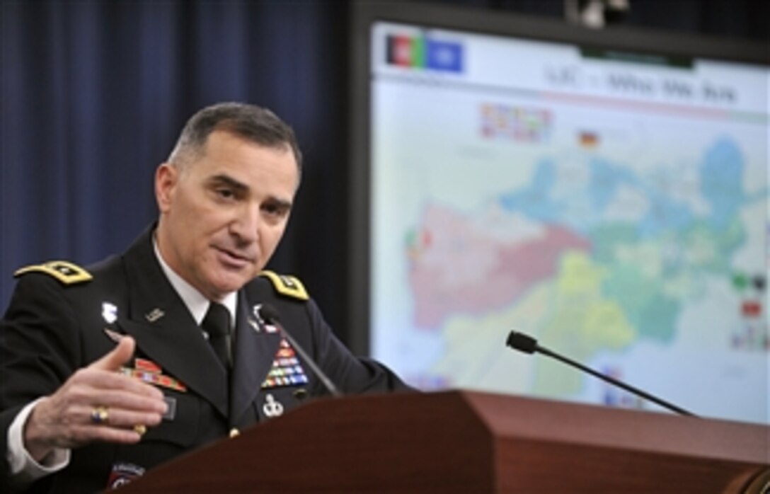 Commander of the International Security Assistance Force Joint Command and Deputy Commander of U.S. Forces - Afghanistan Lt. Gen. Curtis Scaparrotti addresses the media in the Pentagon briefing room as he provides an update on current operations on Feb. 8, 2012.  