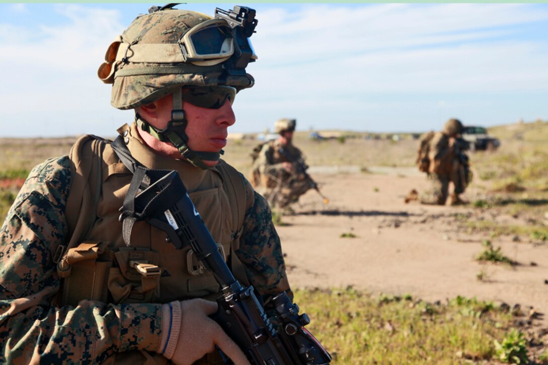 Lance Cpl. Dominic V. Morales, amphibious assault vehicle crewman, 1st Platoon, Alpha Co., 3rd Amphibious Assault Battalion, conducts a security halt during an eight-and-a-half mile patrol as a part of the weeklong at-sea portion of Exercise Iron Fist 2012, on San Clemente Island, Calif., Feb. 10. The Marines of 1st platoon moved from the USS Peleliu to the island in CH-53E Super Stallion helicopters. Third AABN acted as the ground combat element for the exercise. Exercise Iron Fist 2012 is a bilateral training exercise that gave the 15th MEU a chance to demonstrate its amphibious capabilities to the Japanese. Morales, 21, is a native of Lodi, N.J.