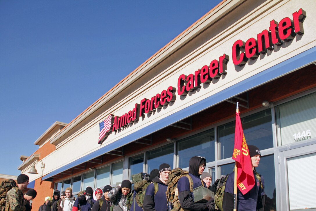 Poolees and guests from Recruiting Substation Woodbury line up outside of the West St. Paul, Minn., office before starting their eight-mile hike Feb. 11. For additional imagery from the event, visit www.facebook.com/rstwincities.