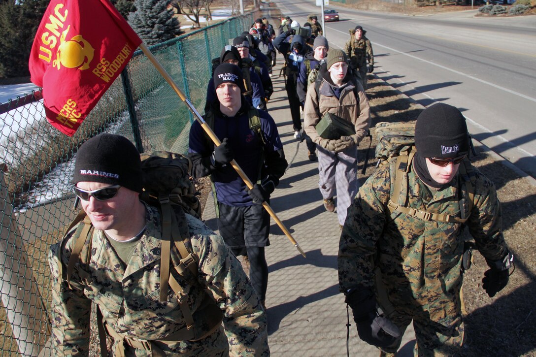 Recruiting Substation Woodbury's Staff Sgt. Scott Cole and Sgt. Brandon Blazer lead more than 20 poolees and guests on an eight-mile hike Feb. 11. For additional imagery from the event, visit www.facebook.com/rstwincities.