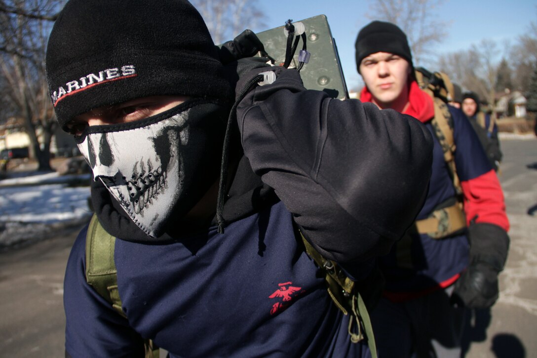 Poolee Angelo Tuccitto, a senior at Mahtomedi Senior High School, came prepared for cold weather during the Recruiting Substation Woodbury eight-mile hike Feb. 11. For additional imagery from the event, visit www.facebook.com/rstwincities.