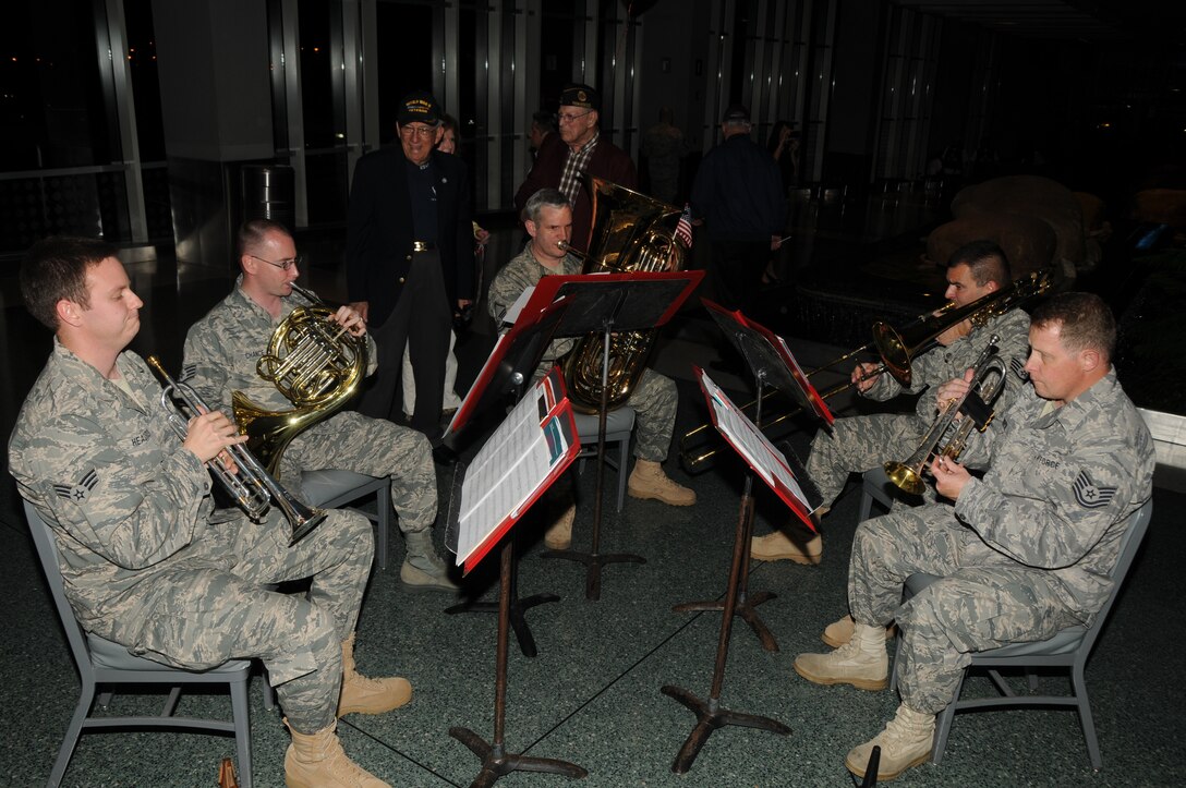 The 572nd Air National Guard Band of the Smoky Mountains plays for returning World War II veterans who had returned from an Honor Air trip on April 13, 2011.