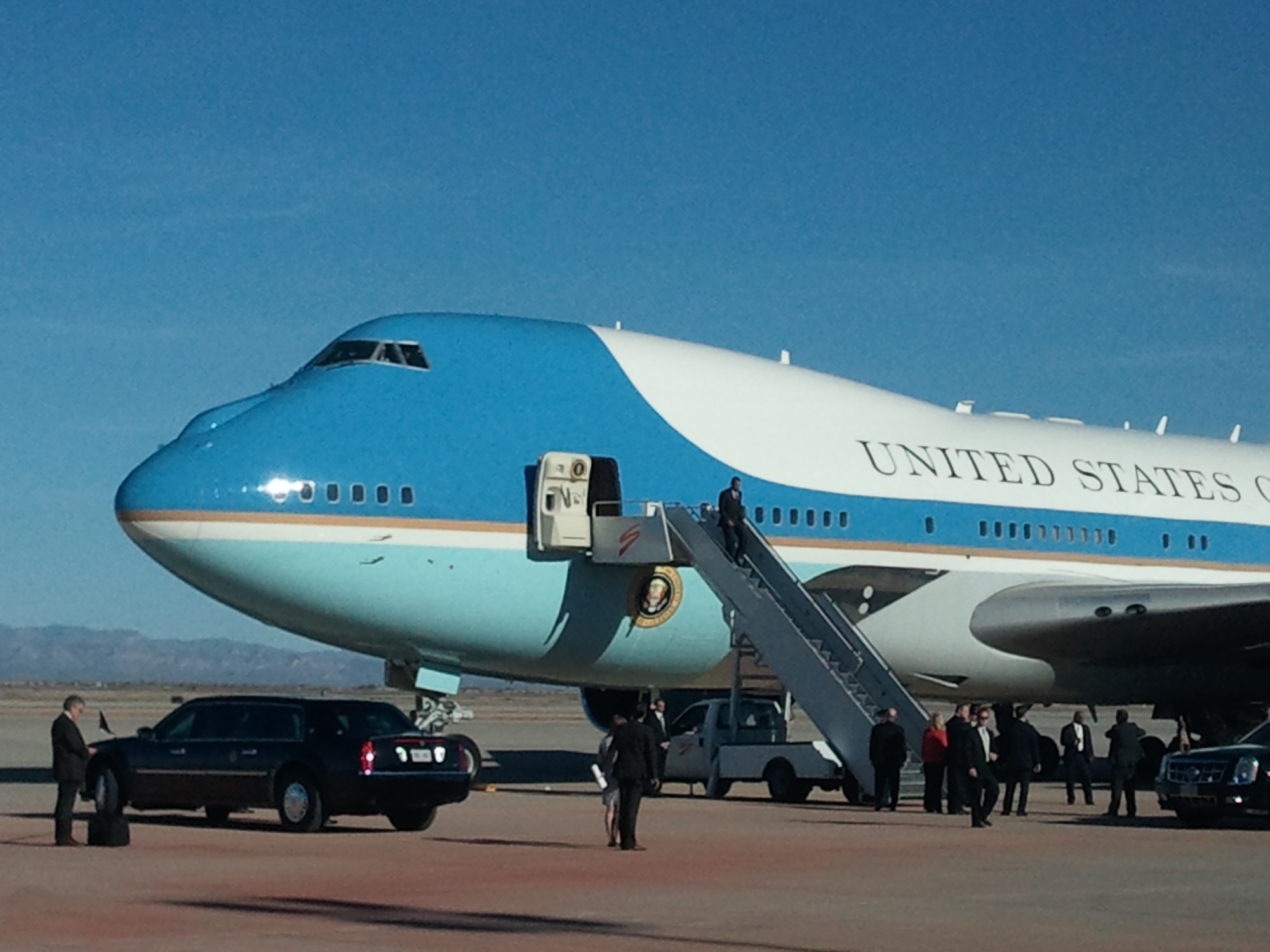 Air Force One arrives at Phoenix-Mesa Gateway Airport Jan. 25, 2012. The 161st Security Forces Squadron provided Close Bound Sentry Security during the president’s visit to the East Valley. The 161st SFS was ready and prepared to provide security to Air Force One even on short notice. (Courtesy photo)