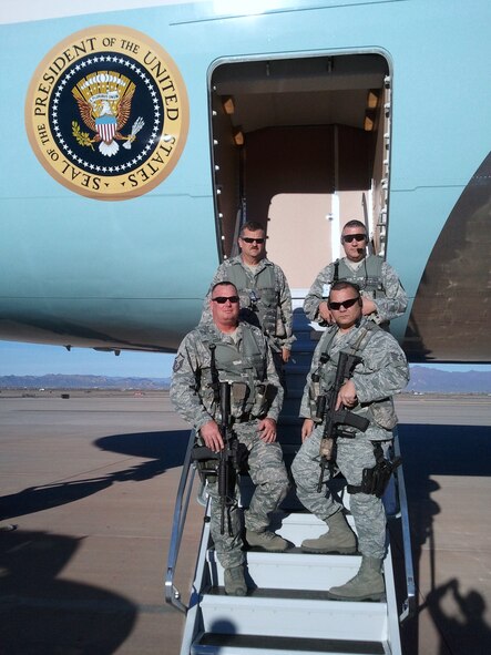 The 161st Security Forces Squadron provides Close Bound Sentry Security for Air Force One Jan. 25, 2012, during President Barack Obama’s fifth official visit to Arizona since becoming president in 2009. Security forces members who provided the security while Air Force One was parked at Phoenix-Mesa Gateway Airport included Master Sgt. Jeffery Moore, Master Sgt. Charles Griffin, Master Sgt. Ron Davis and Tech. Sgt. Bryan Angst. (Courtesy photo)