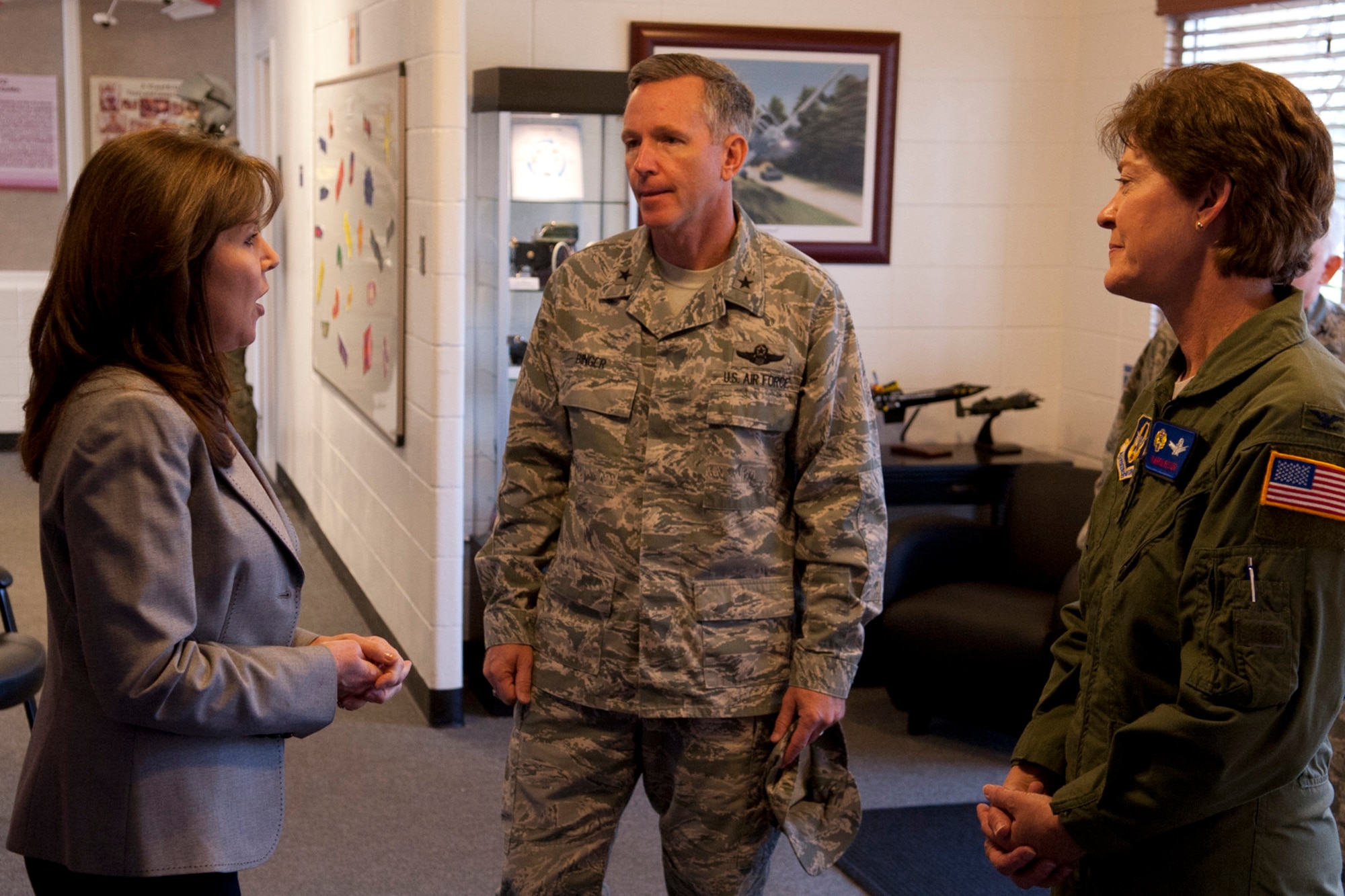 Kathy Brandon, Executive Director of the STARBASE Louisiana program, talks to U.S. Air Force Brig. Gen. William Binger, 10th Air Force commander, and U.S. Air Force Col. Karen Rizzuti, 10th AF vice commander, during their visit to Barksdale Air Force Base, La., Feb. 10, 2012. STARBASE is a premiere educational program sponsored by the Office of the Assistant Secretary of Defense for Reserve Affairs. (U.S. Air Force photo by Master Sgt. Greg Steele/Released)