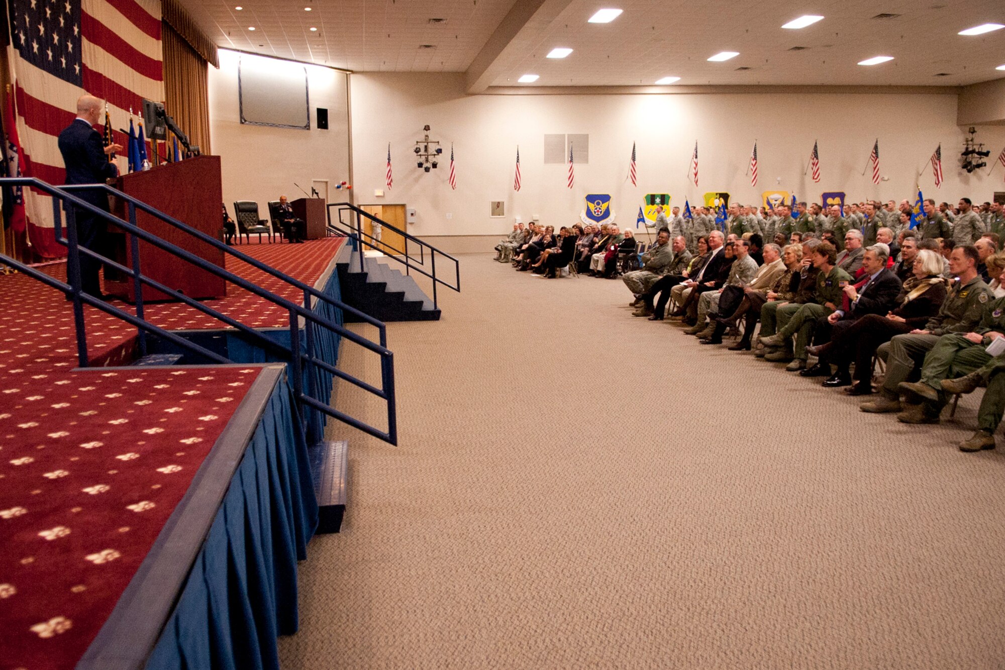 U.S. Air Force Col. Jonathan Ellis, 307th Bomb Wing commander, addresses the crowd during a Change of Command ceremony, Barksdale Air Force Base, La., Feb. 11, 2012. Ellis assumed command of the 307th and is the former commander of the 940th Operations Group, Beale Air Force Base, Calif. (U.S. Air Force photo by Master Sgt. Greg Steele/Released)