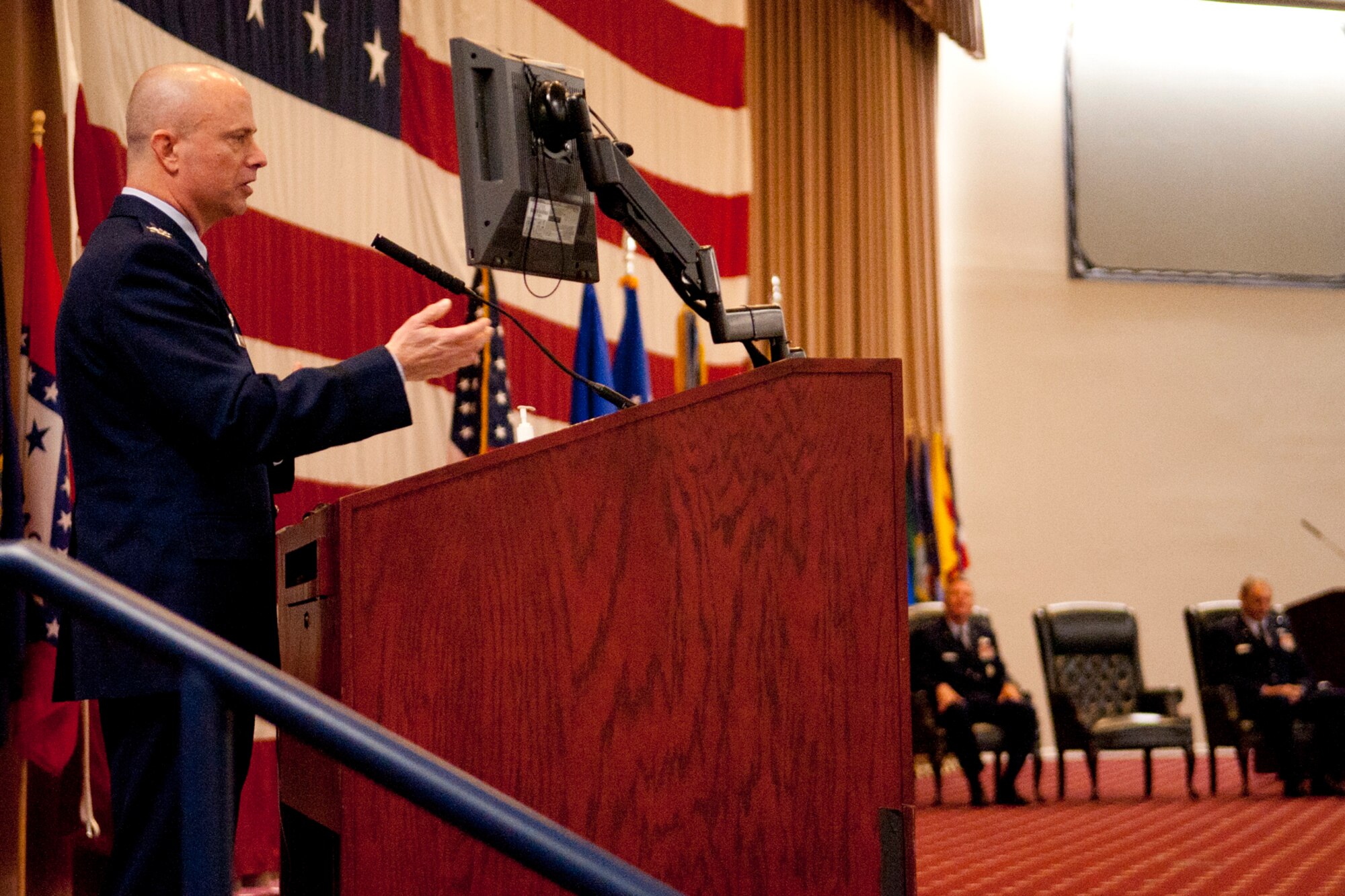 U.S. Air Force Col. Jonathan Ellis, 307th Bomb Wing commander, addresses the crowd during a Change of Command ceremony, Barksdale Air Force Base, La., Feb. 11, 2012. Ellis assumed command of the 307th and is the former commander of the 940th Operations Group, Beale Air Force Base, Calif. (U.S. Air Force photo by Master Sgt. Greg Steele/Released)