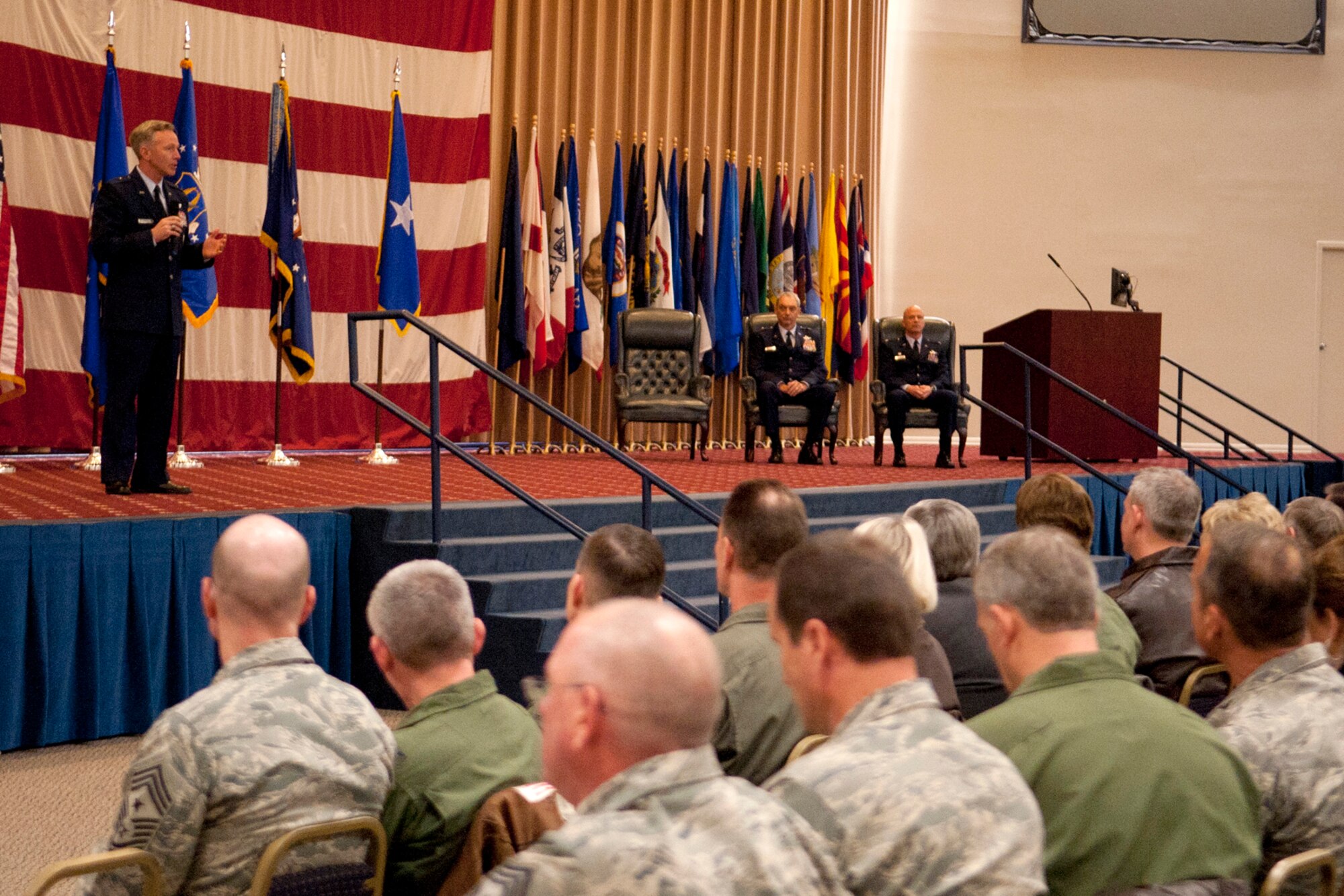 U.S. Air Force Brig. Gen. William Binger, 10th Air Force commander, addresses the attendees during the 307th Bomb Wing Change of Command ceremony, Barksdale Air Force Base, La., Feb. 11, 2012. Binger's command includes all fighter, bomber, special  operations, rescue, airborne warning and control, flying training, combat air operations battle staff, remotely piloted aircraft, space and cyber units in the Air Force Reserve Command. (U.S. Air Force photo by Master Sgt. Greg Steele/Released)