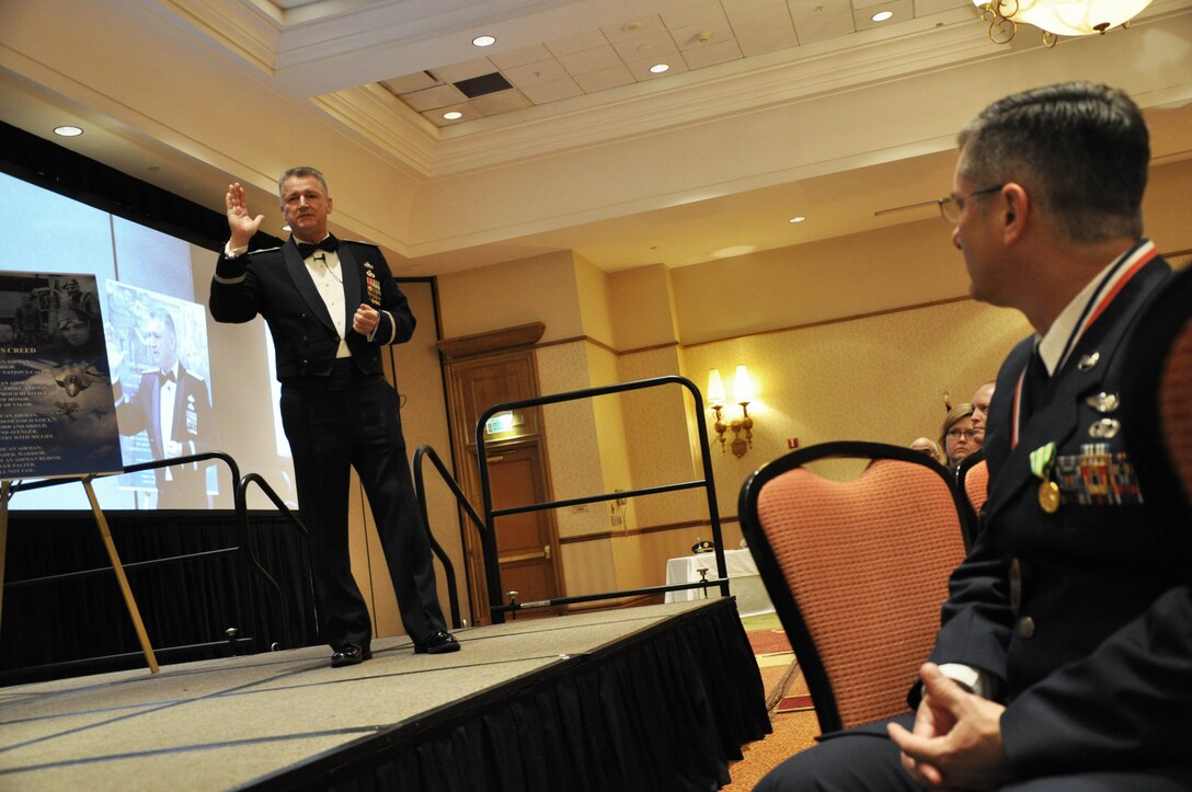 Commander of the Florida Air National Guard Brig. Gen. Joseph Balskus (left )speaks to the attendees at the 2012 Airmen of the Year Awards Banquet, Feb. 10, 2012. Photo by Master Sgt. Thomas Kielbasa