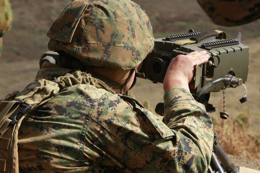 A Marine with 1st Air Naval Gunfire Liaison Company looks through a Portable Lightweight Designator Range finder during a combined arms exercise with the Japanese Ground Self Defense Force, Feb. 12. The PLDR is used is laser guided and is used to help place a bomb in a specific area. The exercise included 81 and 120mm mortars, fixed and rotary wing assets and Naval gun fire.  In addition to the gunfire exercise, the Japanese also practiced calling for fire. Exercise Iron Fist 2012 is a bilateral training exercise that gave the 15th MEU a chance to demonstrate its amphibious capabilities to the Japanese.