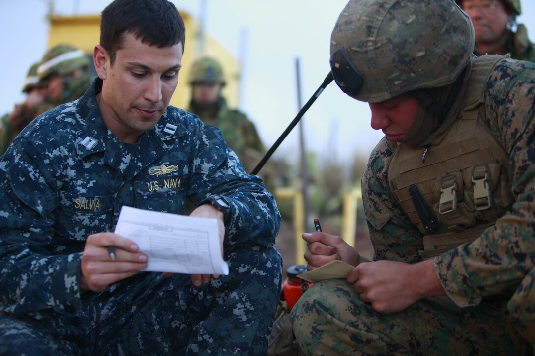 Navy Lt. Marc A. Salvia, Air Naval Gunfire Liaison officer passes on information to Lance Cpl. Joseph A. Ferguson, fire support man, 1st Air Naval Gunfire Liaison Company, during a combined arms exercise with the Japanese Ground Self Defense Force, Feb. 12. The exercise included 81 and 120mm mortars, fixed and rotary wing assets and Naval gun fire.  In addition to the gunfire exercise, the Japanese also practiced calling for fire. Exercise Iron Fist 2012 is a bilateral training exercise that gave the 15th MEU a chance to demonstrate its amphibious capabilities to the Japanese. Ferguson, 19, is from Brentwood, Calif., and Salvia, 28 is from Stanfordville, N.Y.