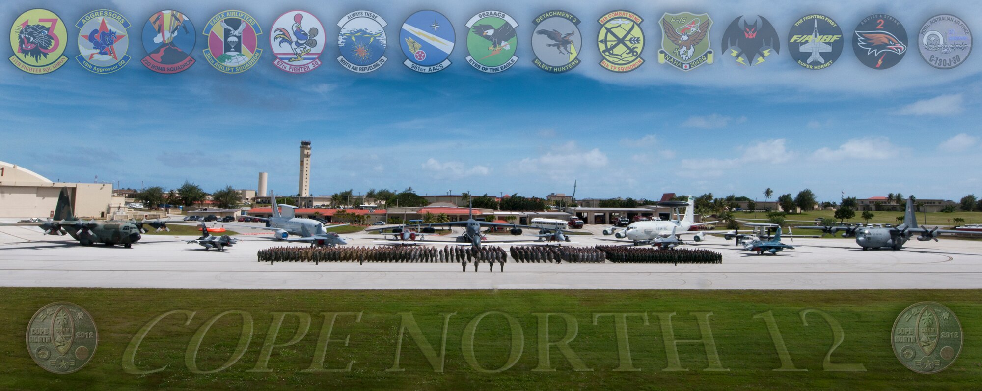 ANDERSEN AIR FORCE BASE, Guam- Members of the United States Air Force, Royal Australian Air Force and Japan Air Self Defense Force pose for a group photo, 11 Feb. The U.S. Air Force, the Japan Air Self Defense Force and the Royal Australian Air Force began exercise Cope North 2012 here Feb. 11. The exercise, which will run through Feb. 24, is the latest in a series of multinational exercises designed to enhance each country’s air operations.
(U.S. Air Force illustration/Senior Airman Carlin Leslie)