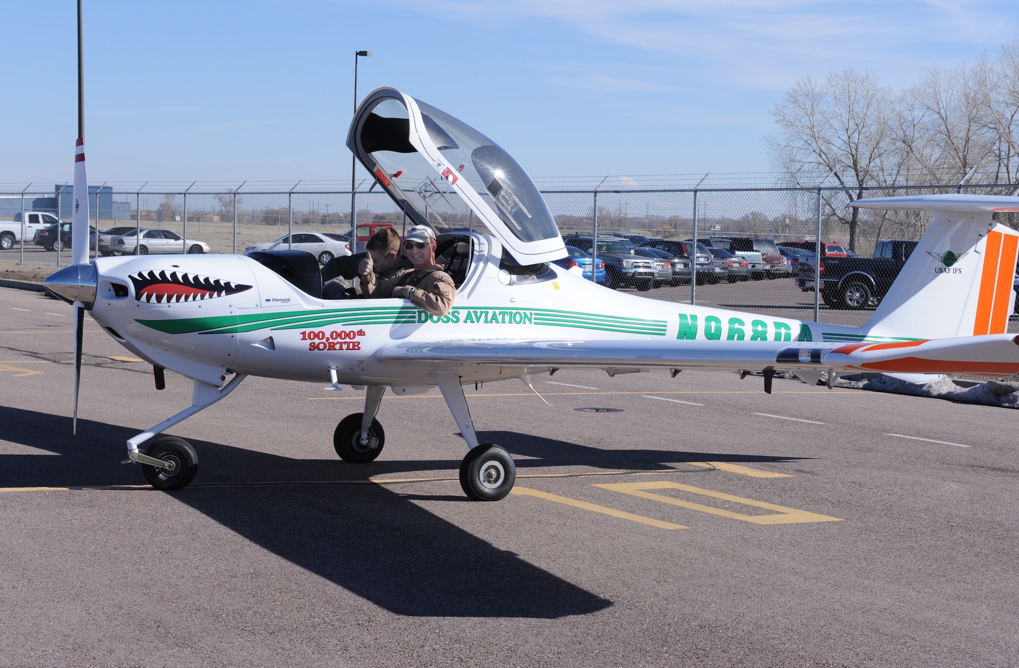 Instructor pilot Andy Shirk and student pilot 2nd Lt. Andrew Breest, perform shutdown procedures after completing the 1st Flying Training Squadron's 100,000th sortie at Pueblo Memorial Airport in Pueblo, Colo., Feb. 10.