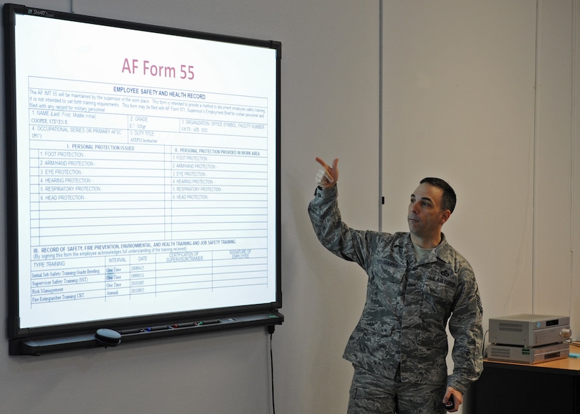 U.S. Air Force Master Sgt. Steven Cooper, 436th Training Squadron instructor, goes through the Aircrew Flight Equipment Course Feb. 9, 2012, at Dyess Air Force Base, Texas. The AFE Officer Course is a five-day course to train newly appointed AFE officers to perform their duties as AFE flight commanders. (U.S. Air Force photo by Airman 1st Class Peter Thompson/Released)